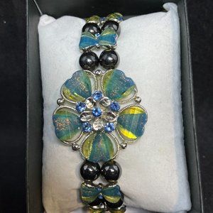 Silver Tone And Aqua Floral Magnetic Therapy Stretch Bracelet (4024)